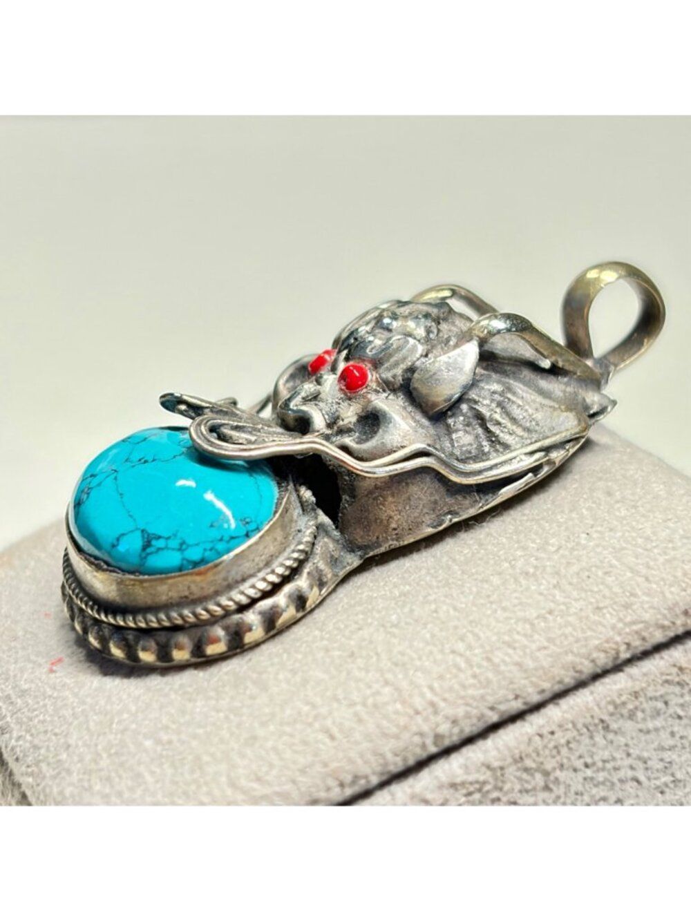 Dragon Pendant Silver Tone Blue Cabochon Red Eyes Gothic Fantasy 1.75" - Picture 9 of 11